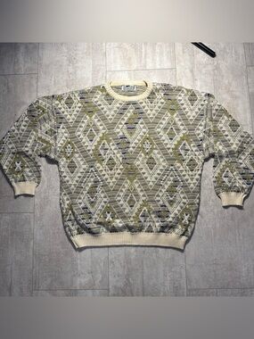 Vintage Progetto 80s Crewneck Geometric Knit Sweater Cream and Olive Sz L Italy
